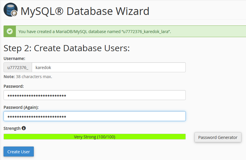 database wizard - create user